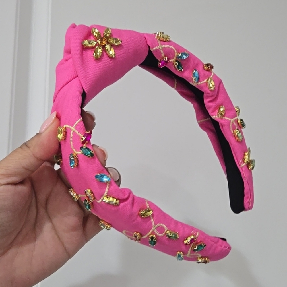 NEW Pink Headband, with A Crown of Gemstones & Top Knot